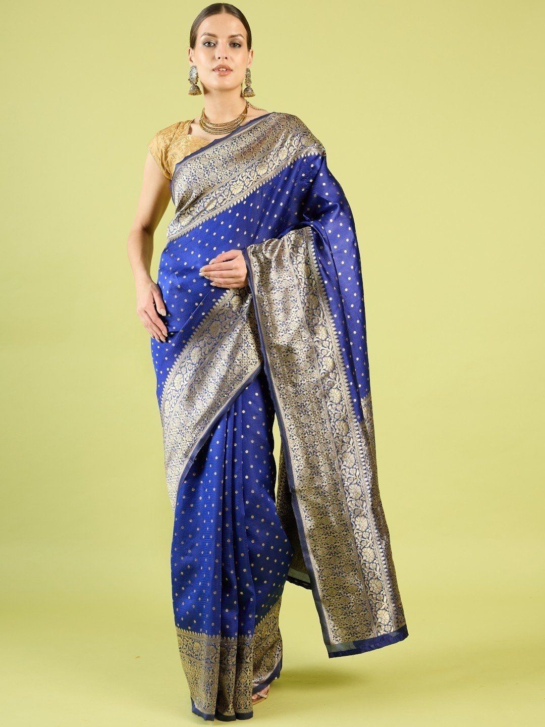 

QENY Woven Design Printed Zari Banarasi Saree, Blue