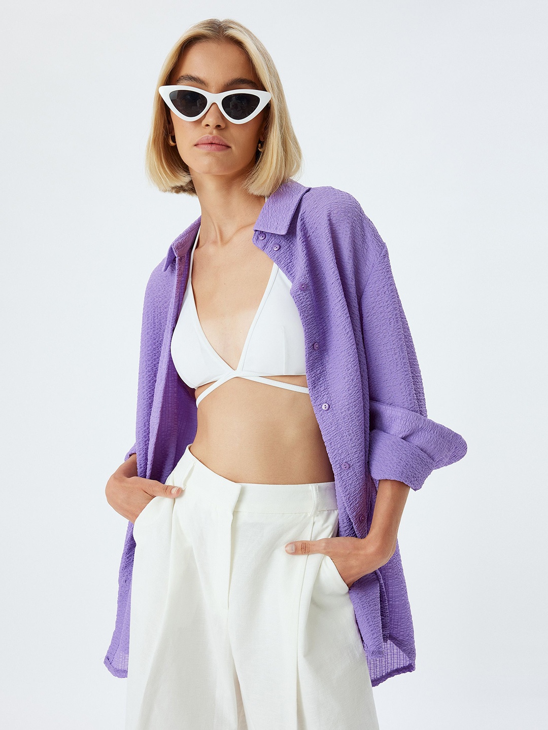 

Koton Women Spread Collar Textured Oversized Casual Shirt, Purple