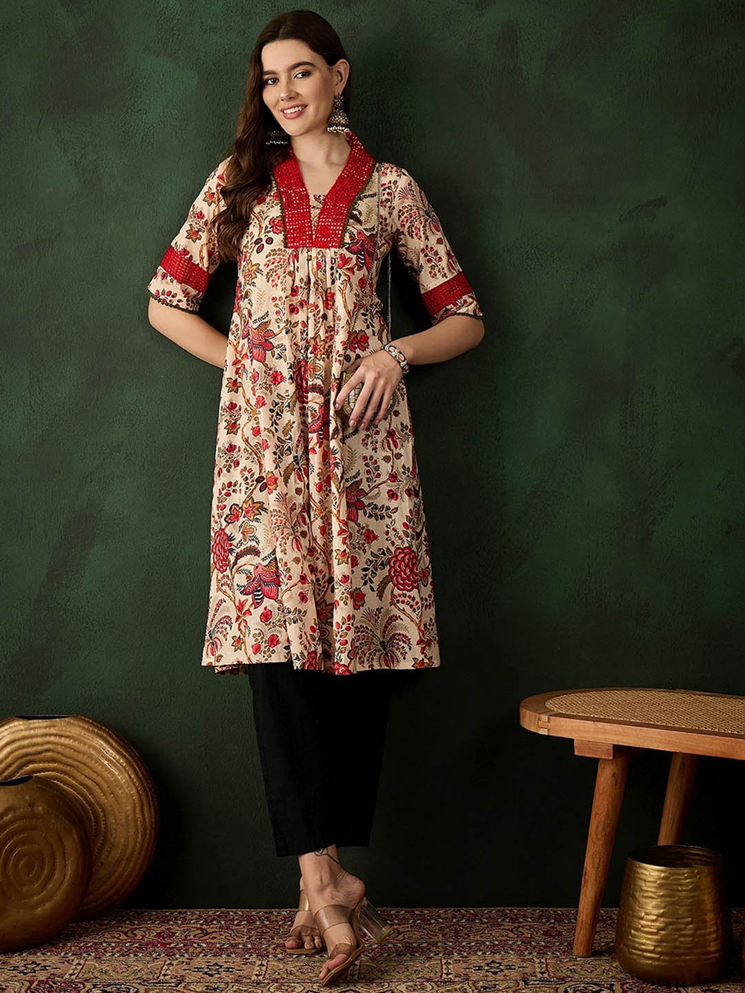 

Sangria Embroidered Pure Cotton A-Line Kurtas, Beige