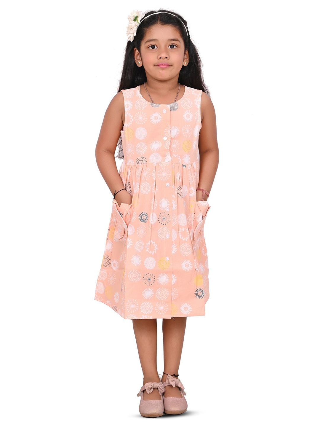 

Cloth Bites Girls Cotton Floral Printed Fit & Flare Dress, Orange