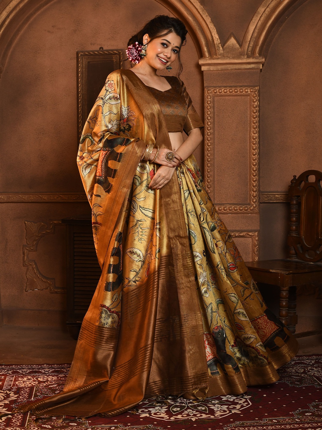

Kandora Kalamkari Pure Silk Tussar Saree, Yellow