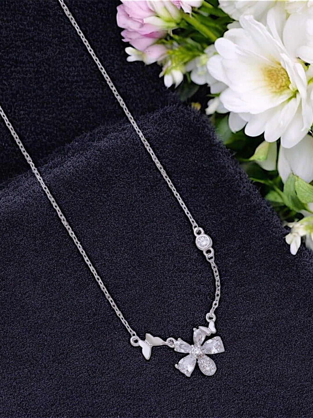 

Taraash 925 Sterling Silver Cubic Zirconia Butterfly Floral Charm Necklace