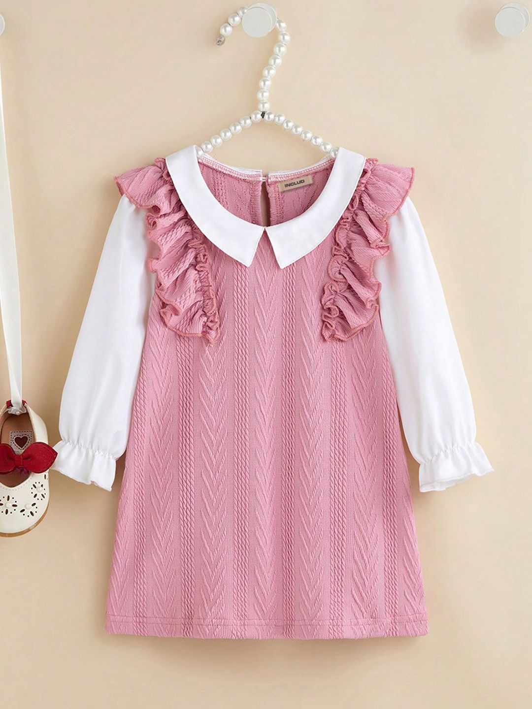 

INCLUD Girls Peter Pan Collar Puff Sleeve A-Line Dress, Pink