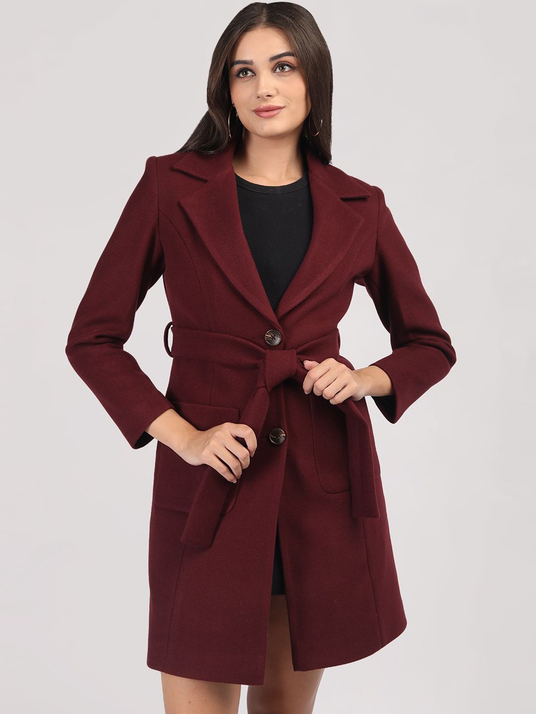 

Plagg Women Notched Collar Over Coat, Maroon