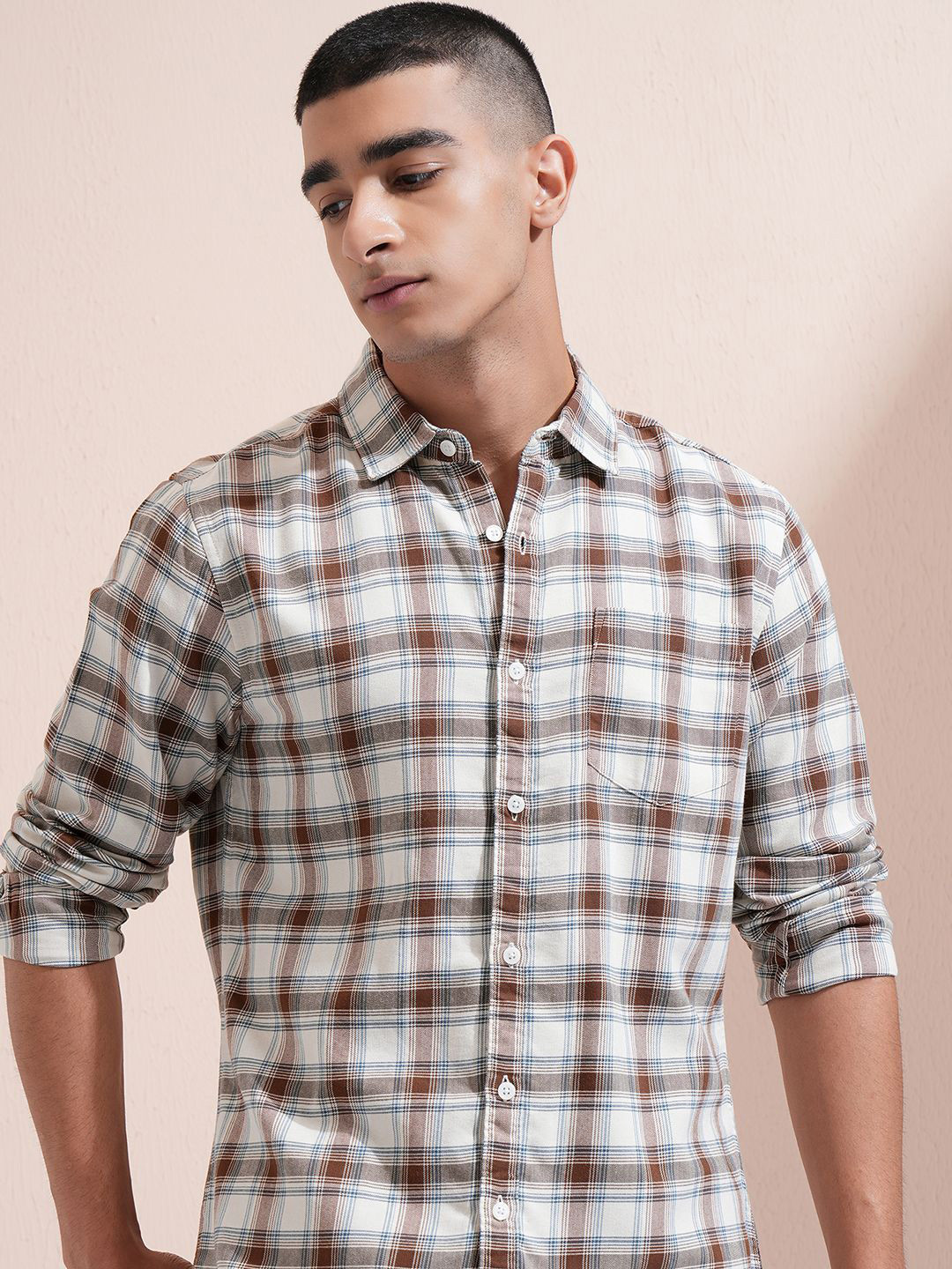 

Highlander Men Cream Checked Casual Shirt