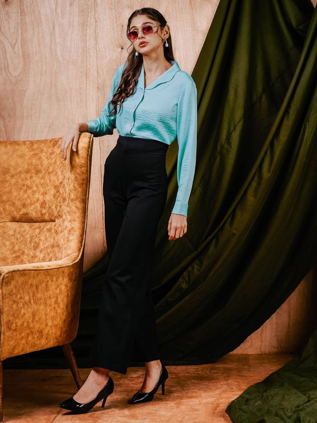 

MISH Women Cuban Collar Solid Satin Semiformal Shirt, Blue