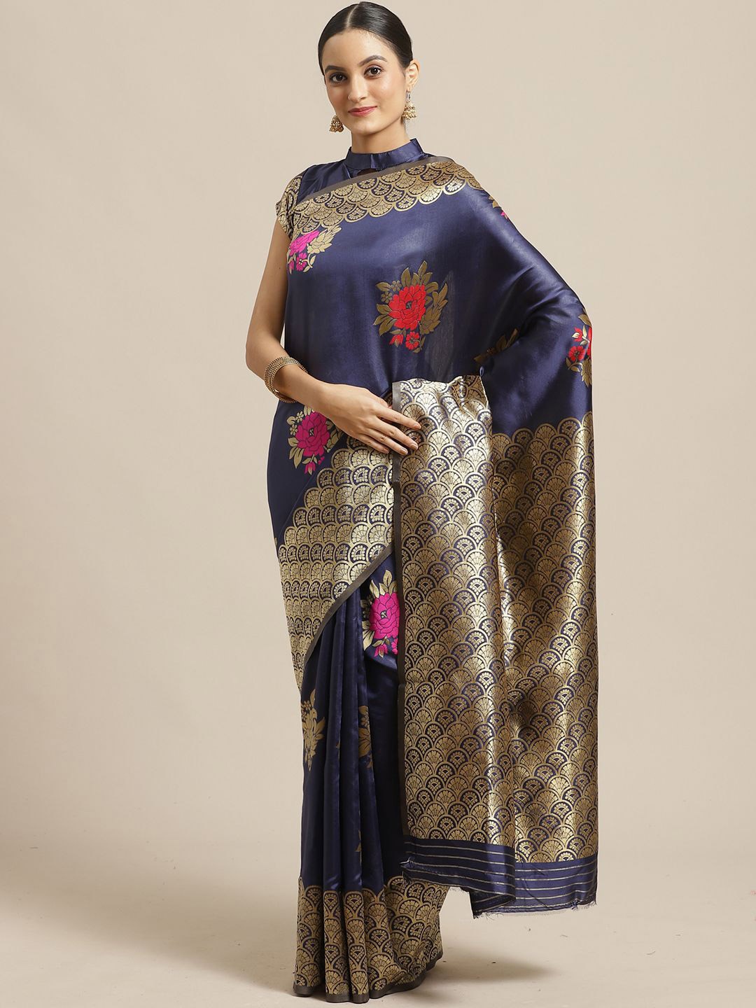 

KALINI Floral woven design Zari Banarasi Saree, Navy blue