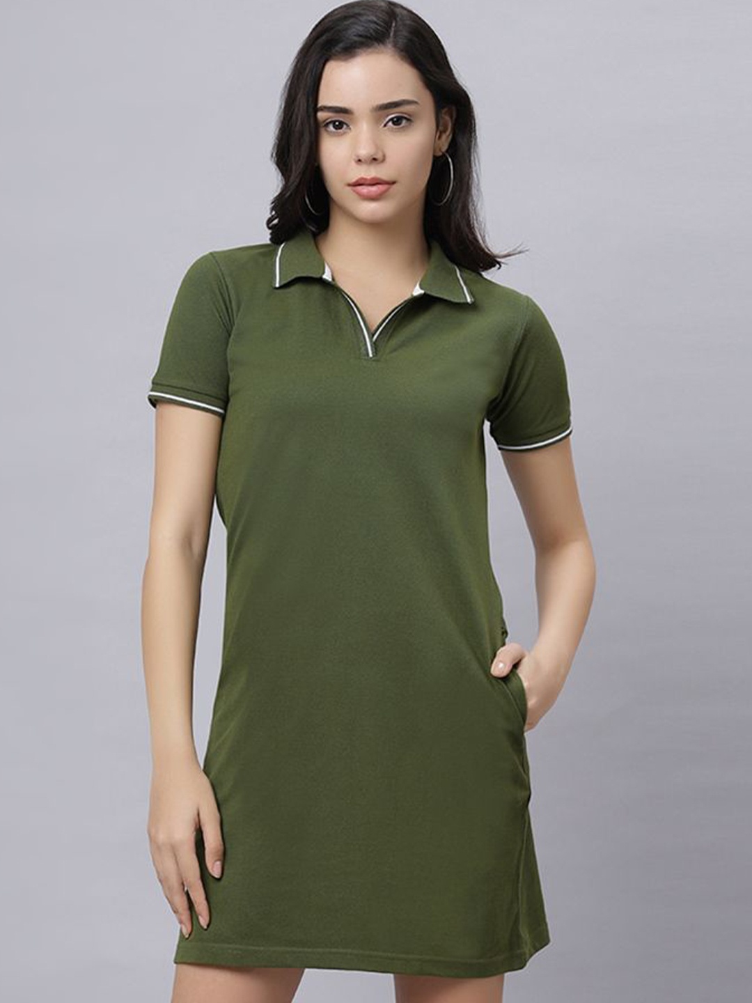 

Wear Your Opinion Women Solid Shirt Collar T-shirt Dress, Olive