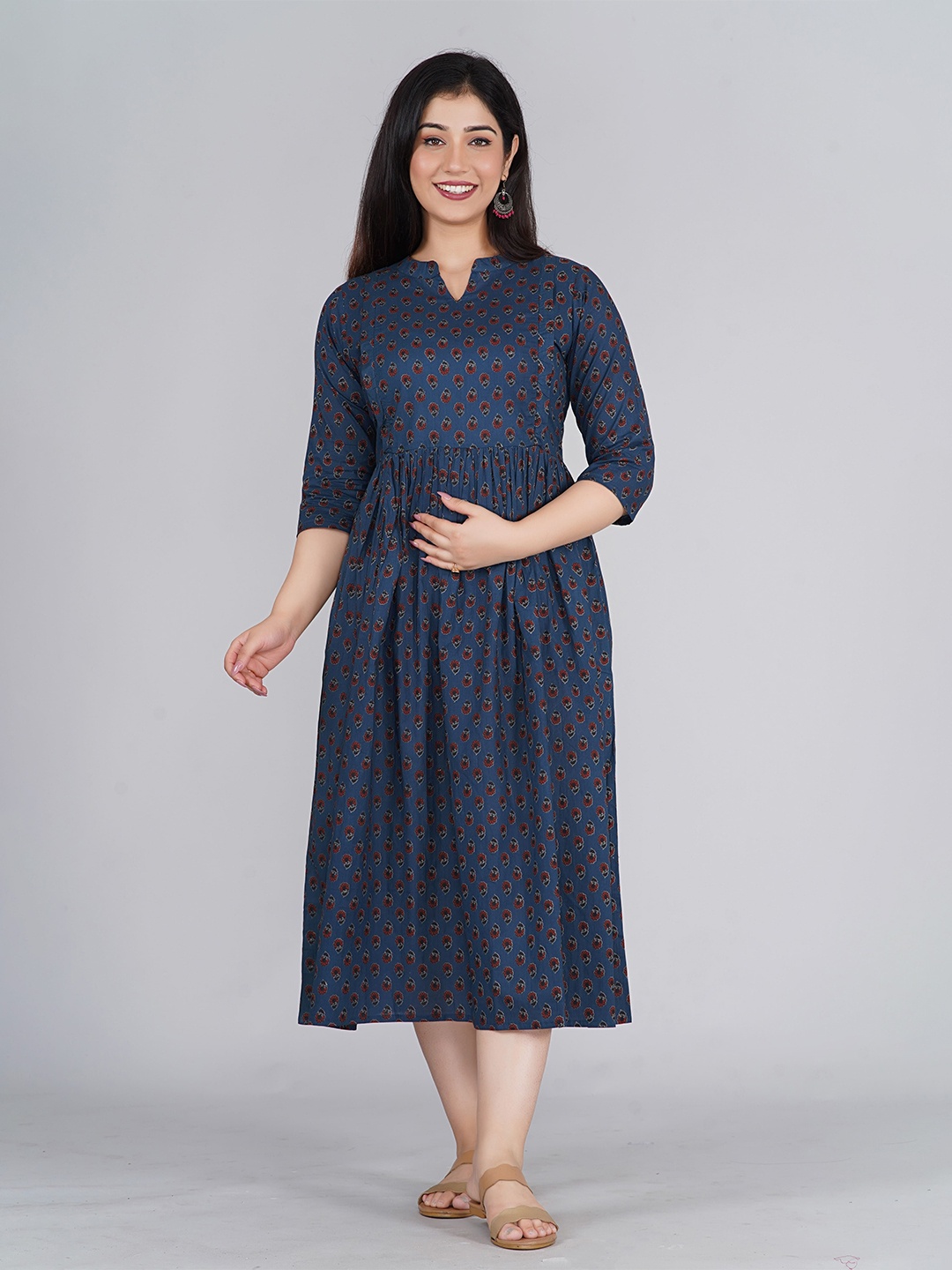 

Kaheksa Floral Printed Fit And Flare Cotton Maternity Midi Dress, Blue