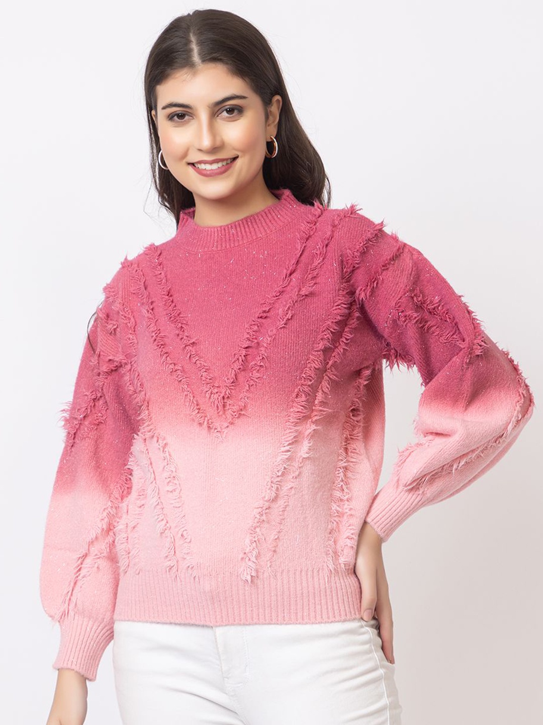 

GFO Women Colourblocked Woollen Sweater, Pink