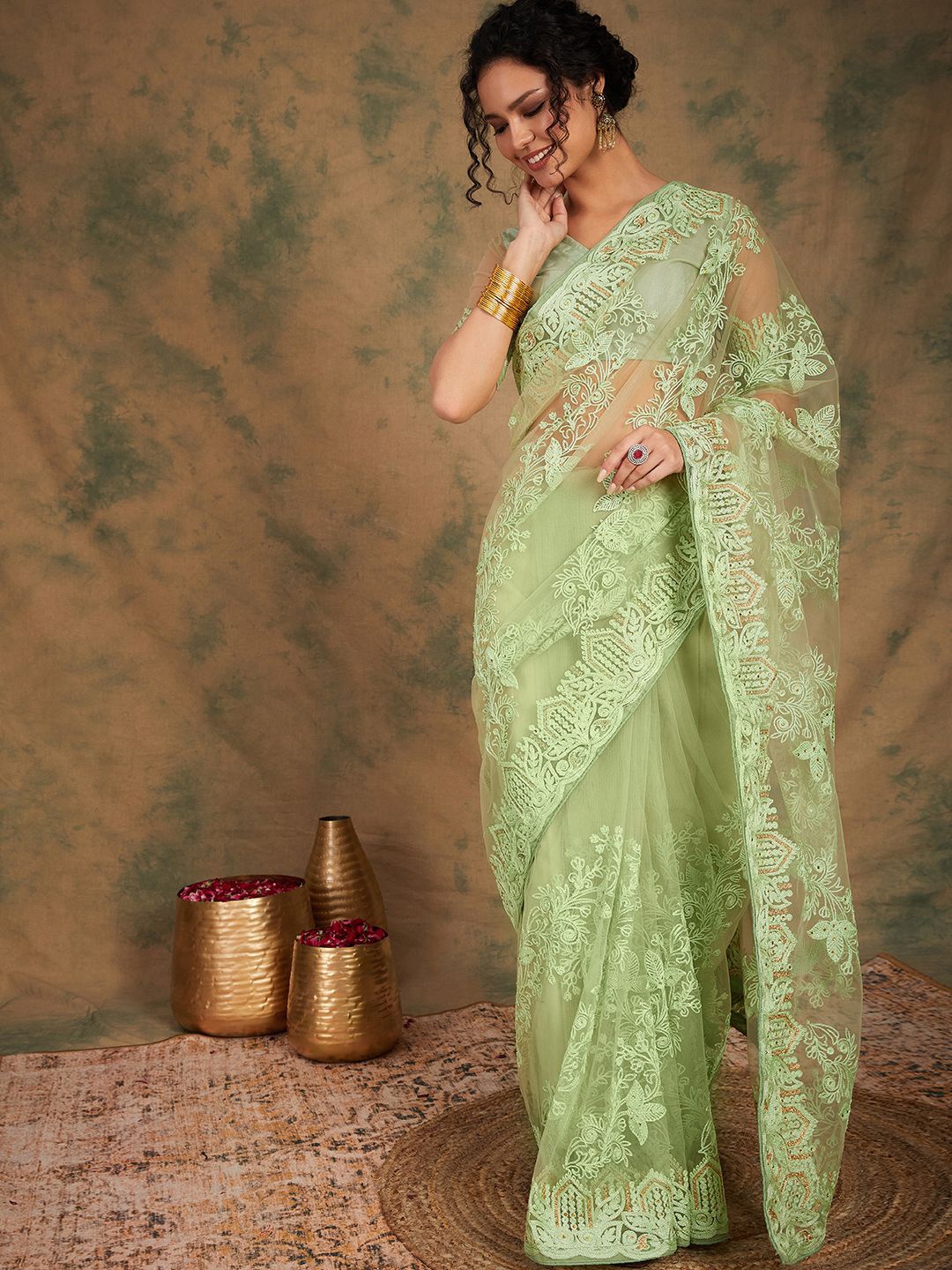 

Maroosh Floral Embroidered Beads and Stones Net Saree, Lime green