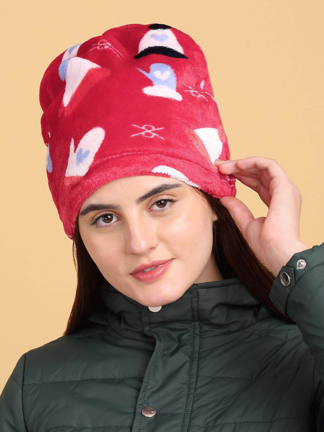 

KLOTTHE Women Printed Woollen Beanie Caps, Red