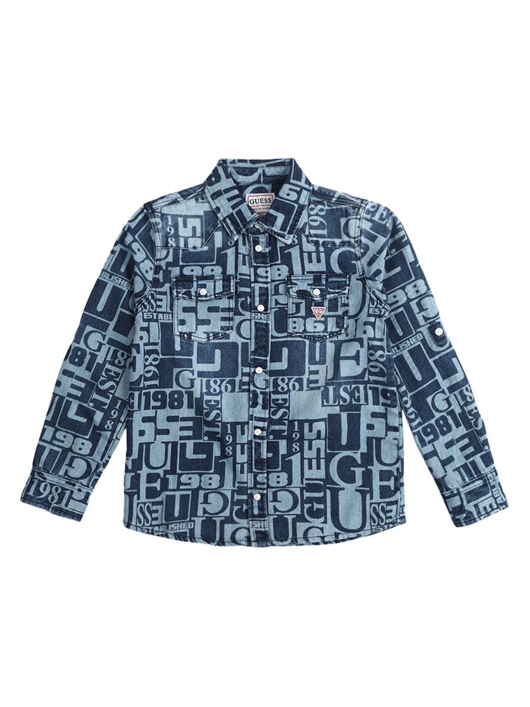 

GUESS kids Boys Spread Collar Graphic Printed Cotton Casual Shirt, Navy blue