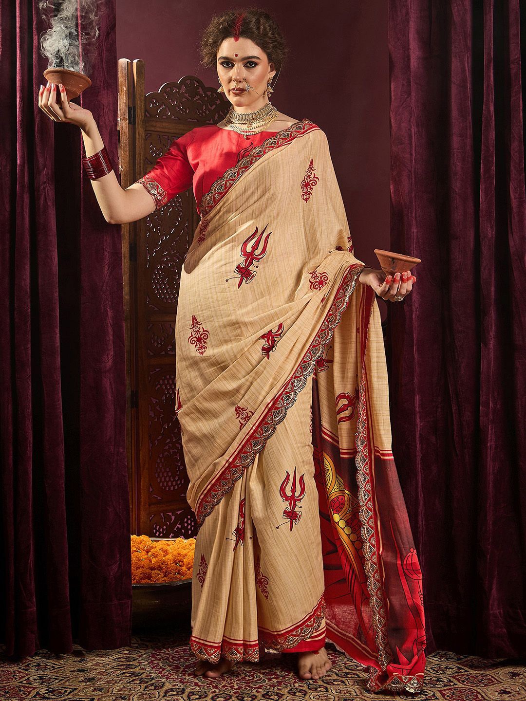 

Saree mall Ethnic Motifs Sequinned Embellished Durga Puja Saree, Beige