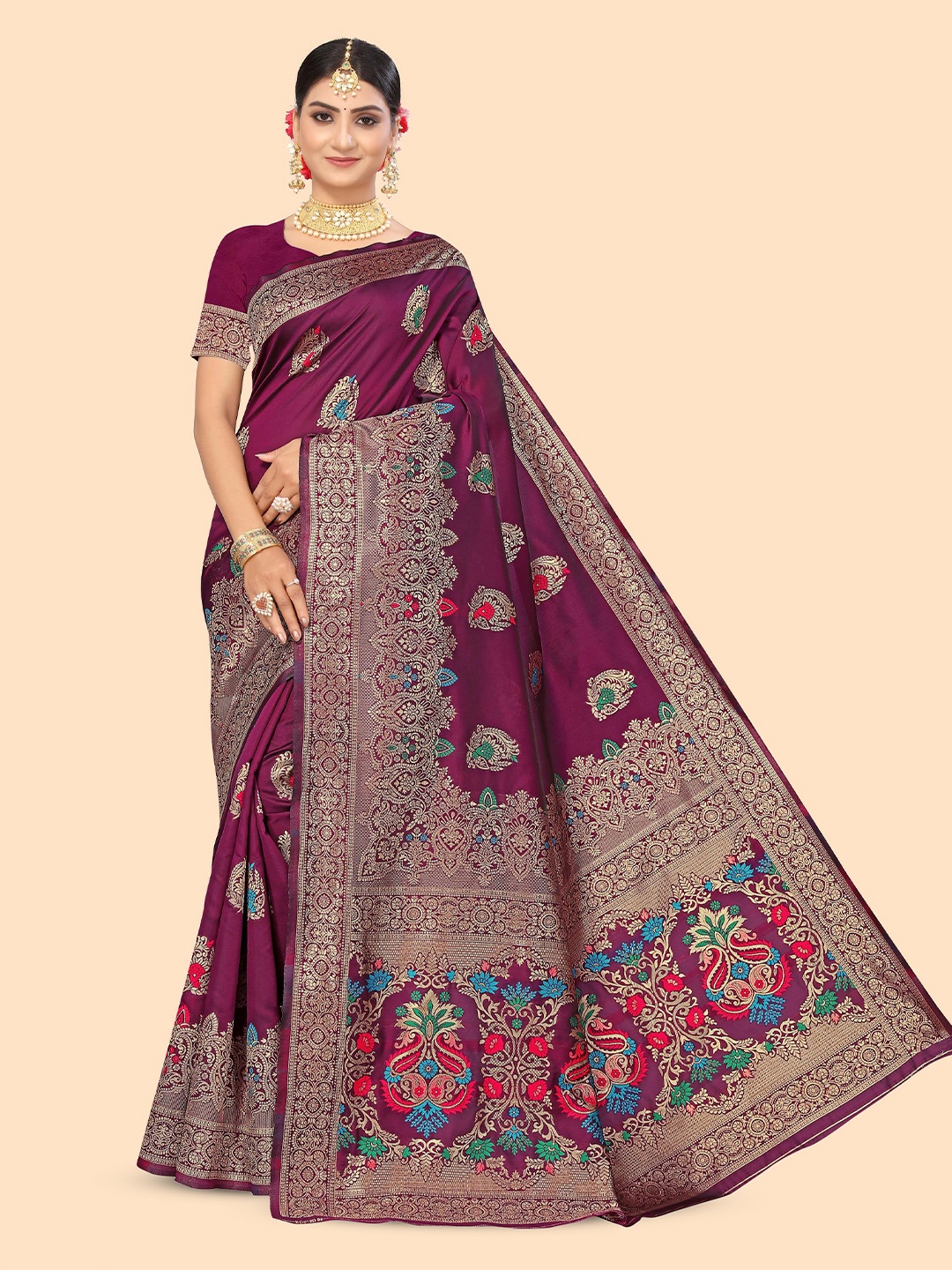 

Maroosh Woven Design Zari Banarasi Saree, Purple