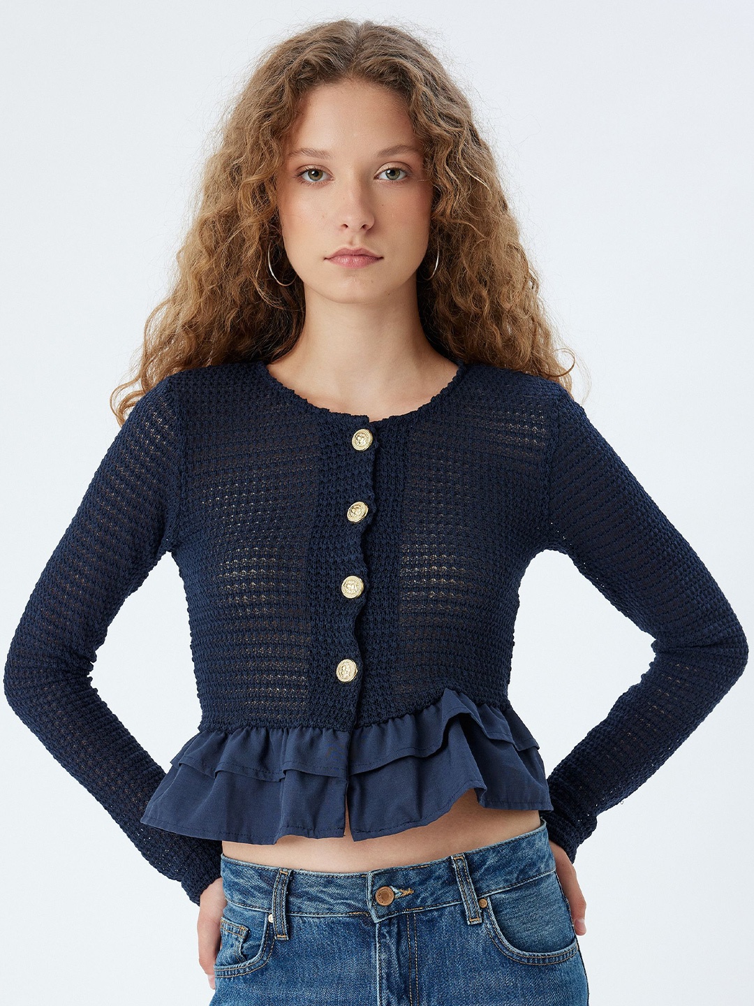 

Koton Women Open Knit Crop Cardigan, Navy blue