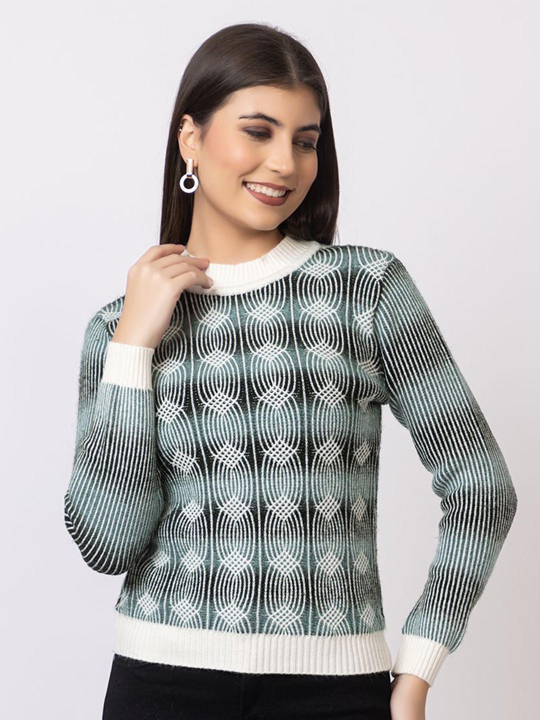 

GFO Women Geometric Woollen Sweater, Black