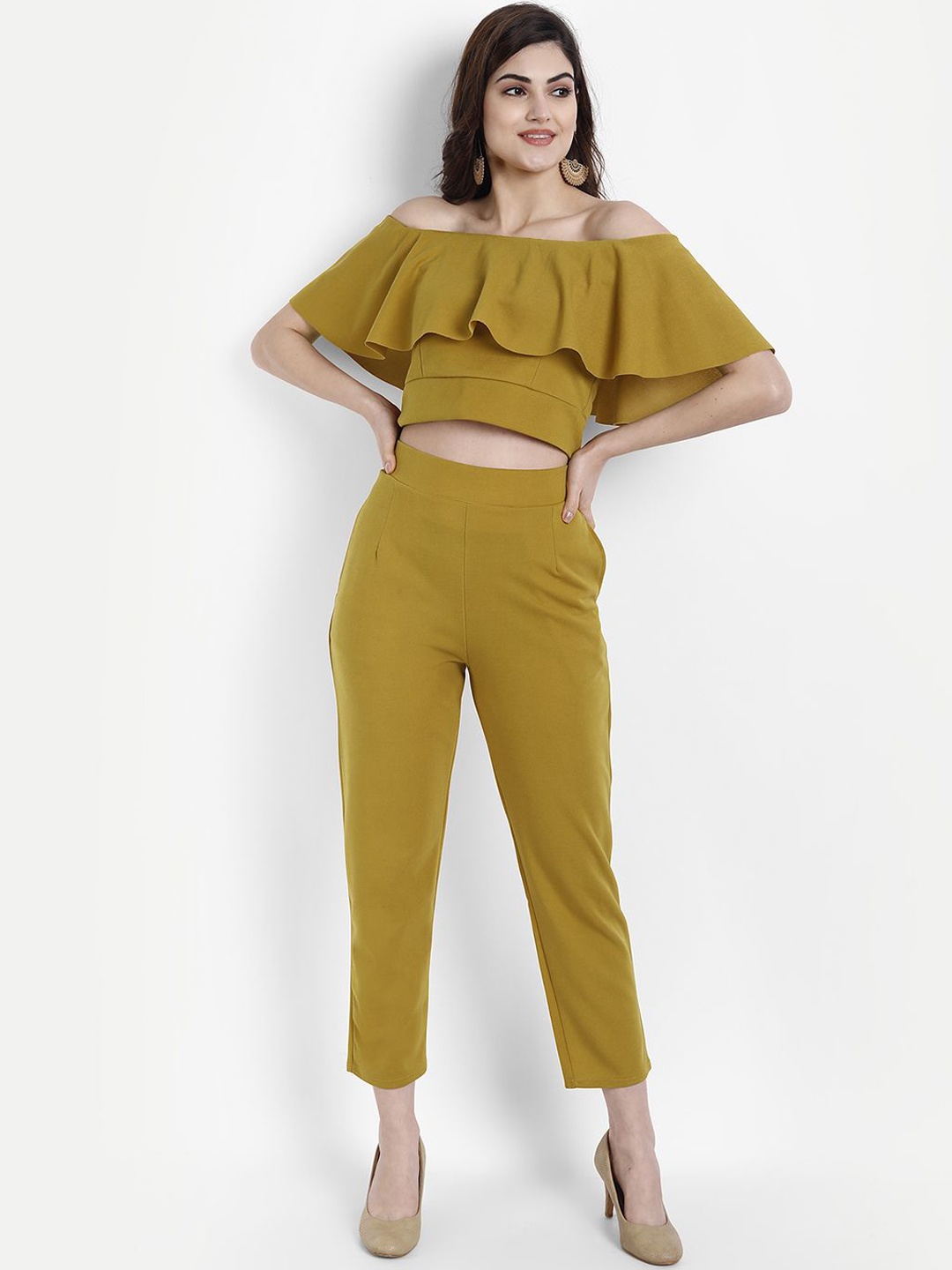 

BROADSTAR Women Off-Shoulder Top With Trouser Co-Ords, Mustard