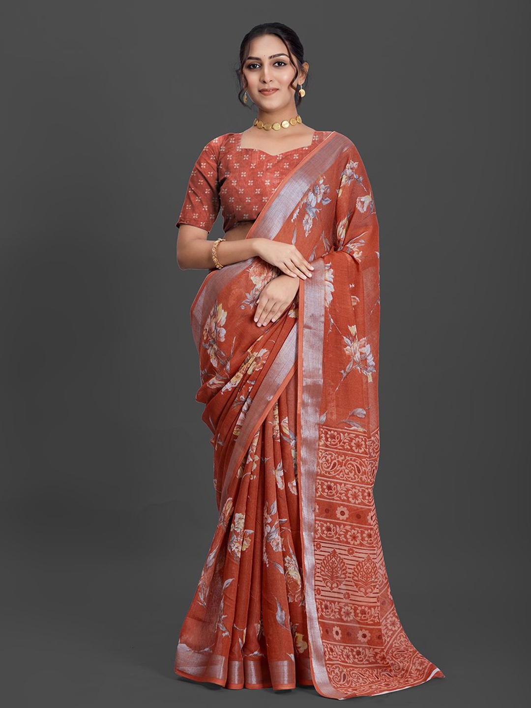 

NIRMAL CREATION Floral Printed Woven Design Zari Border Saree, Tan
