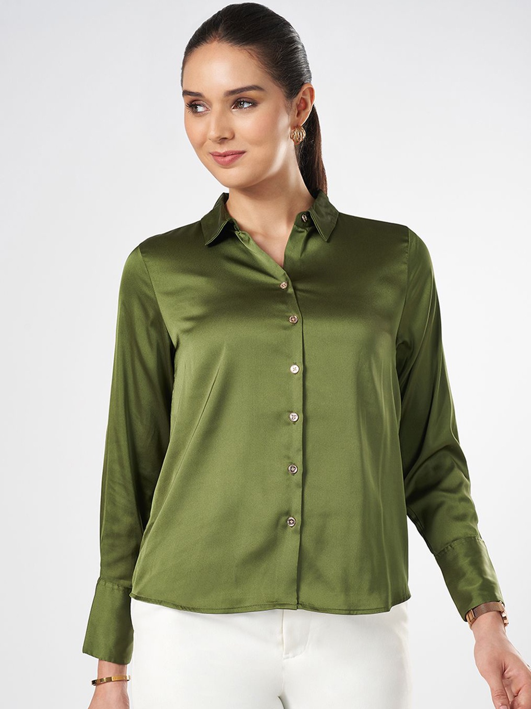 

Annabelle by Pantaloons Women Solid Shirt Collar Top, Olive