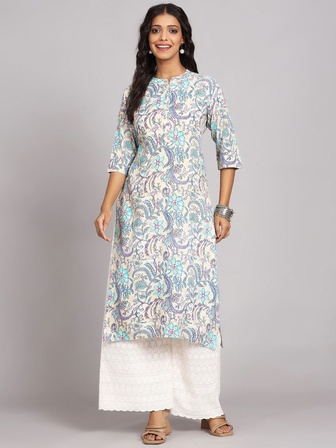 

Chandbaali Mandarin Collar Ethnic Motifs Printed Kurta, Cream