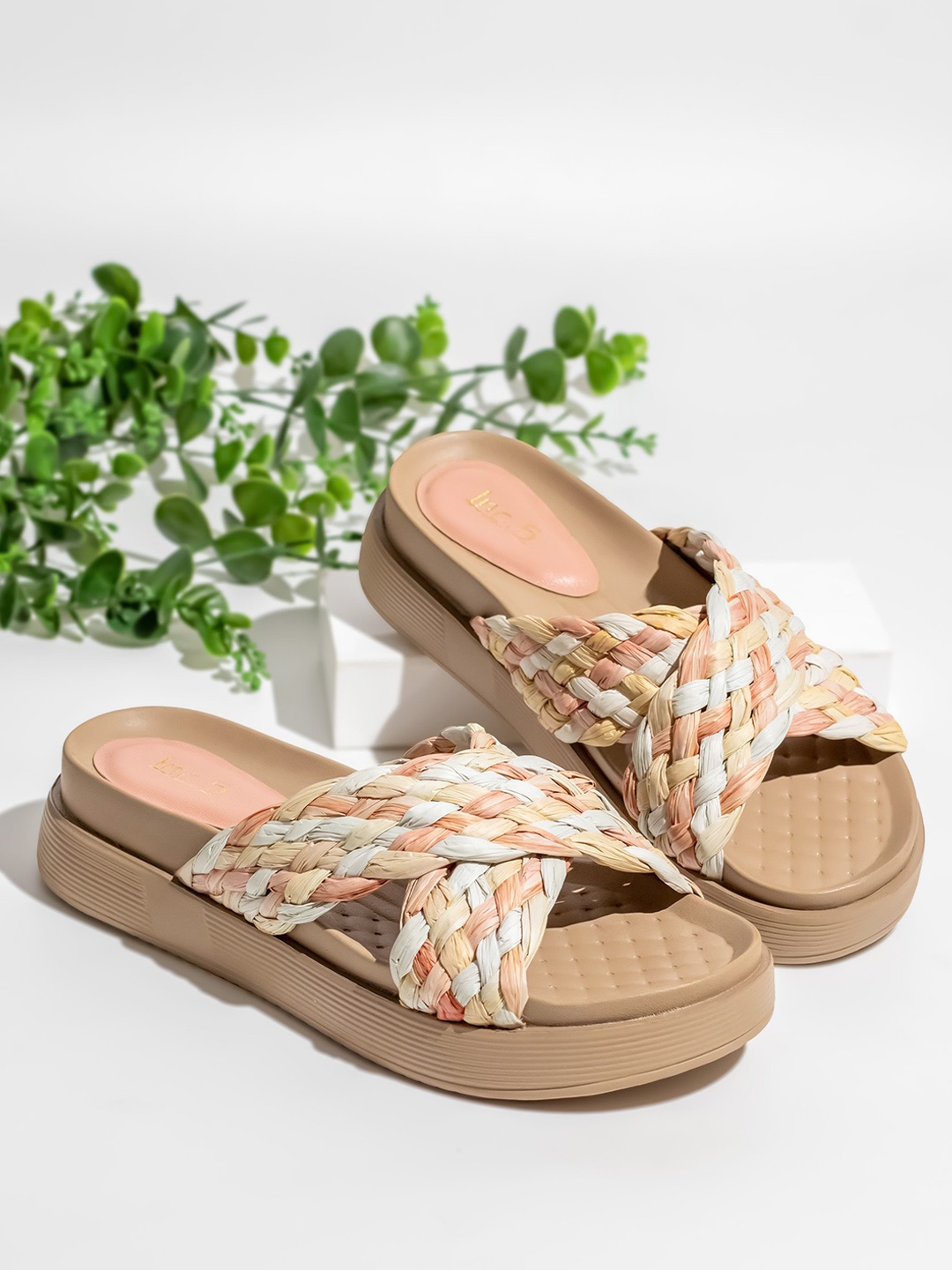 

Inc 5 Women Printed Open Toe Flats with Bows, Peach