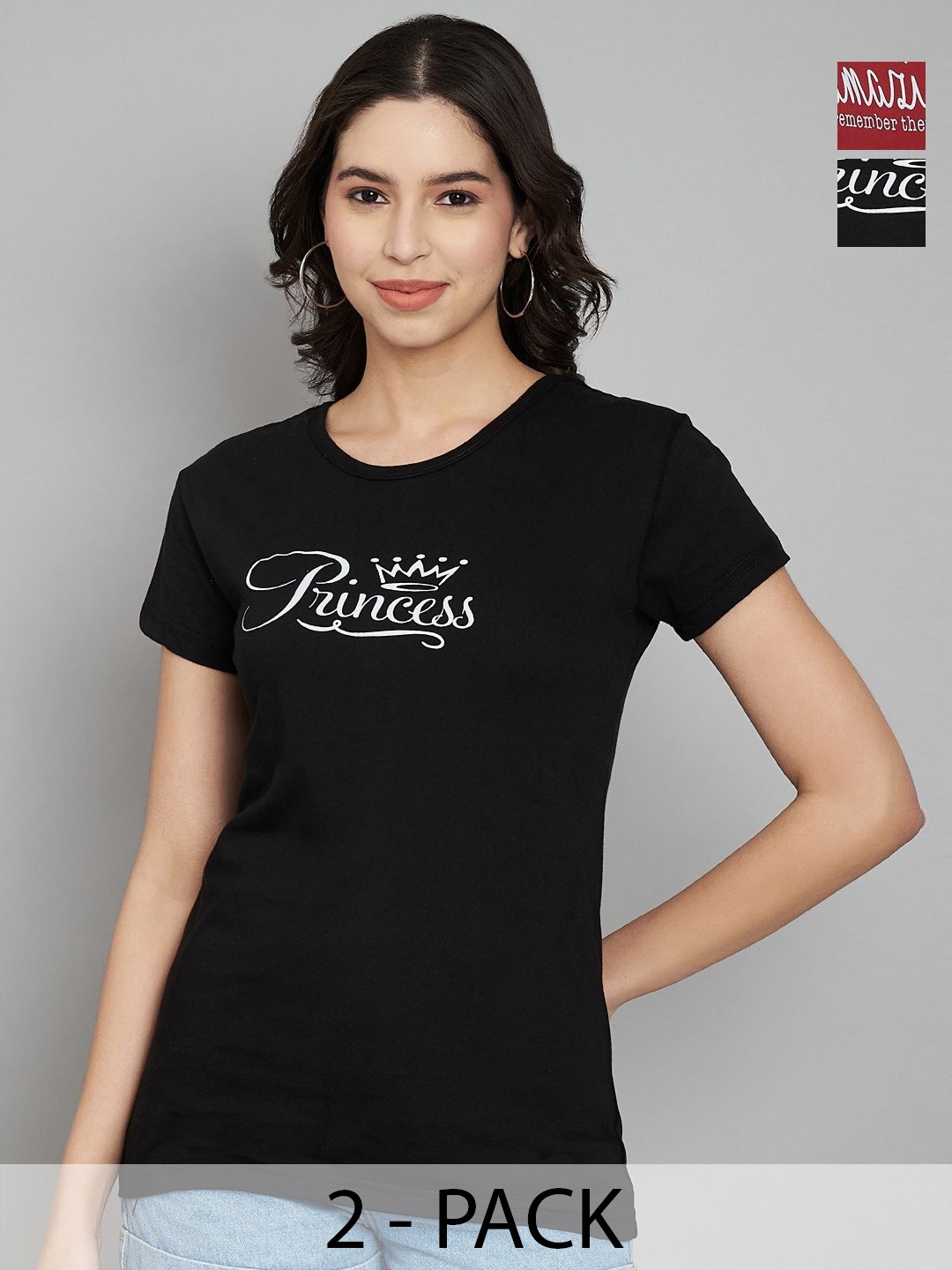 

Trend Level Women Pack Of 2 Typography Printed Round Neck Cotton T-shirts, Black