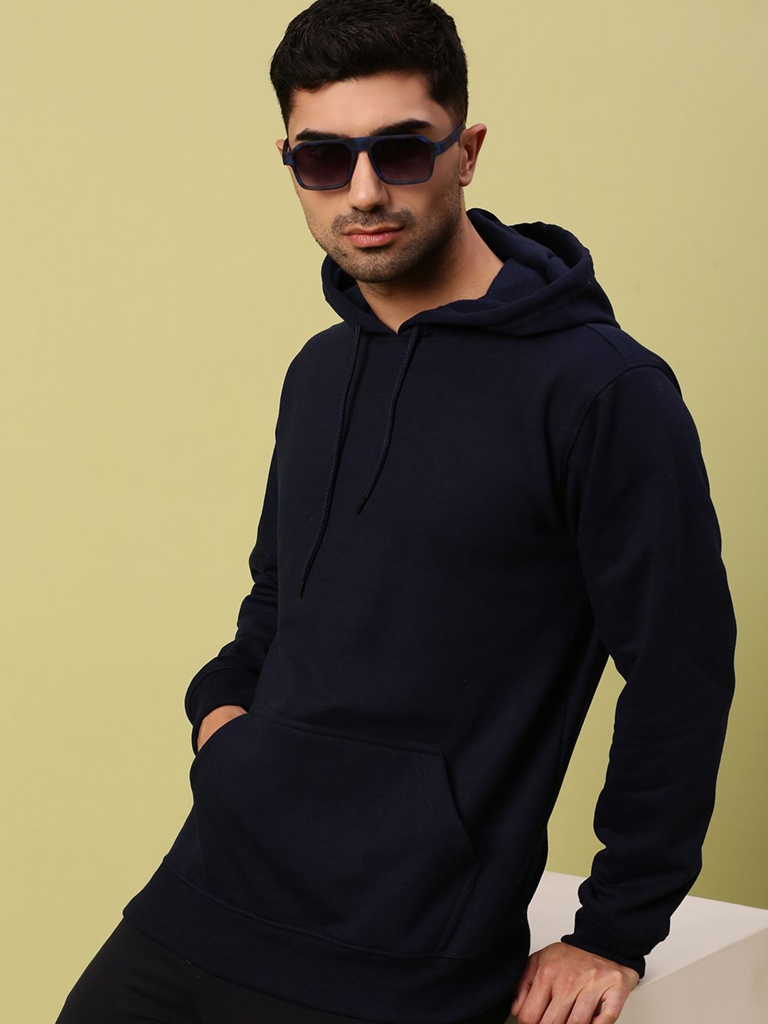 

Urban Dog Men Solid Hood Fleece Pullover Ribbed Sweatshirt, Navy blue