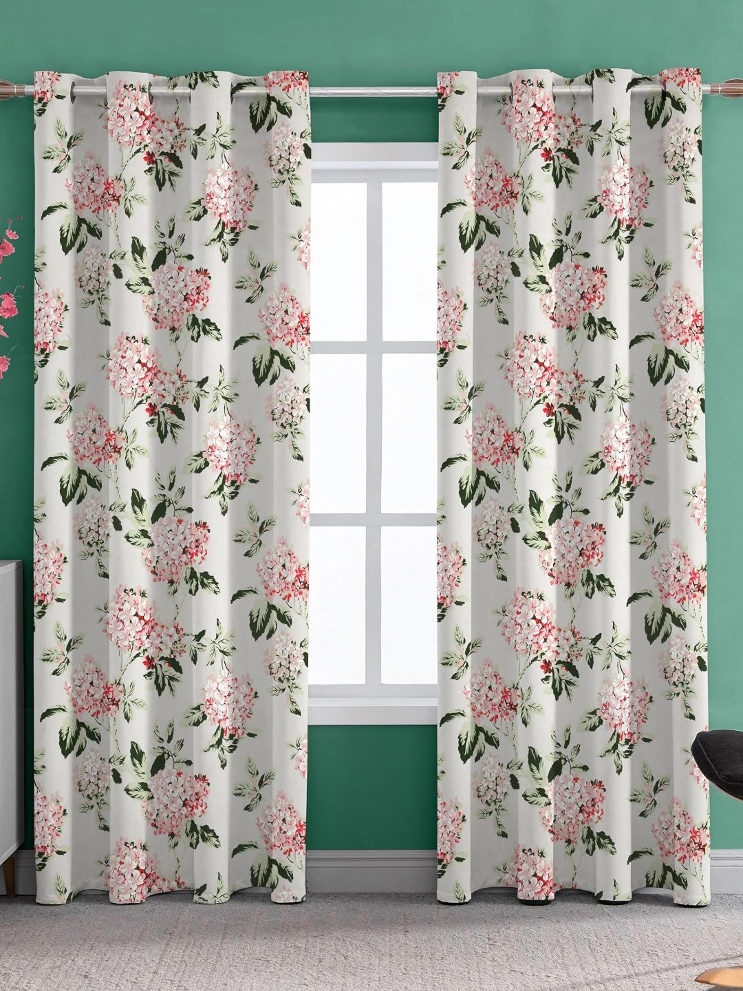 

THE LINEN COMPANY White & Green 2 Pieces Floral Room Darkening Window Curtains