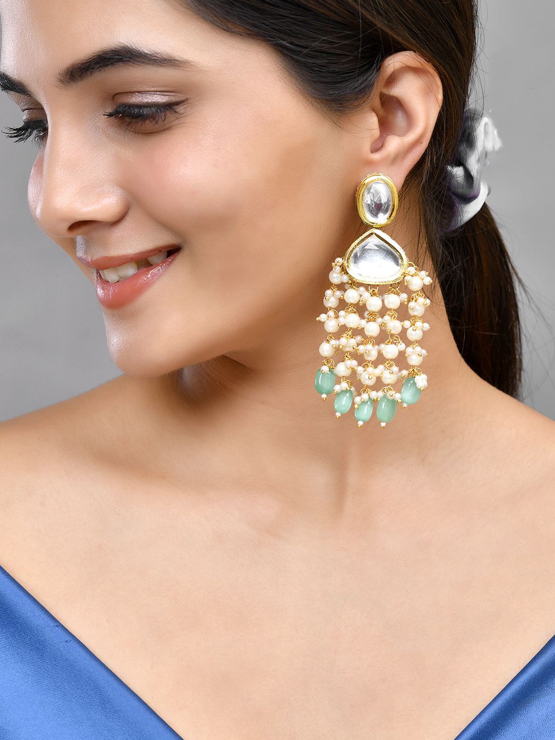 

Silvermerc Designs Gold-Plated kundan Studded & Pearls Beaded Drop Earrings