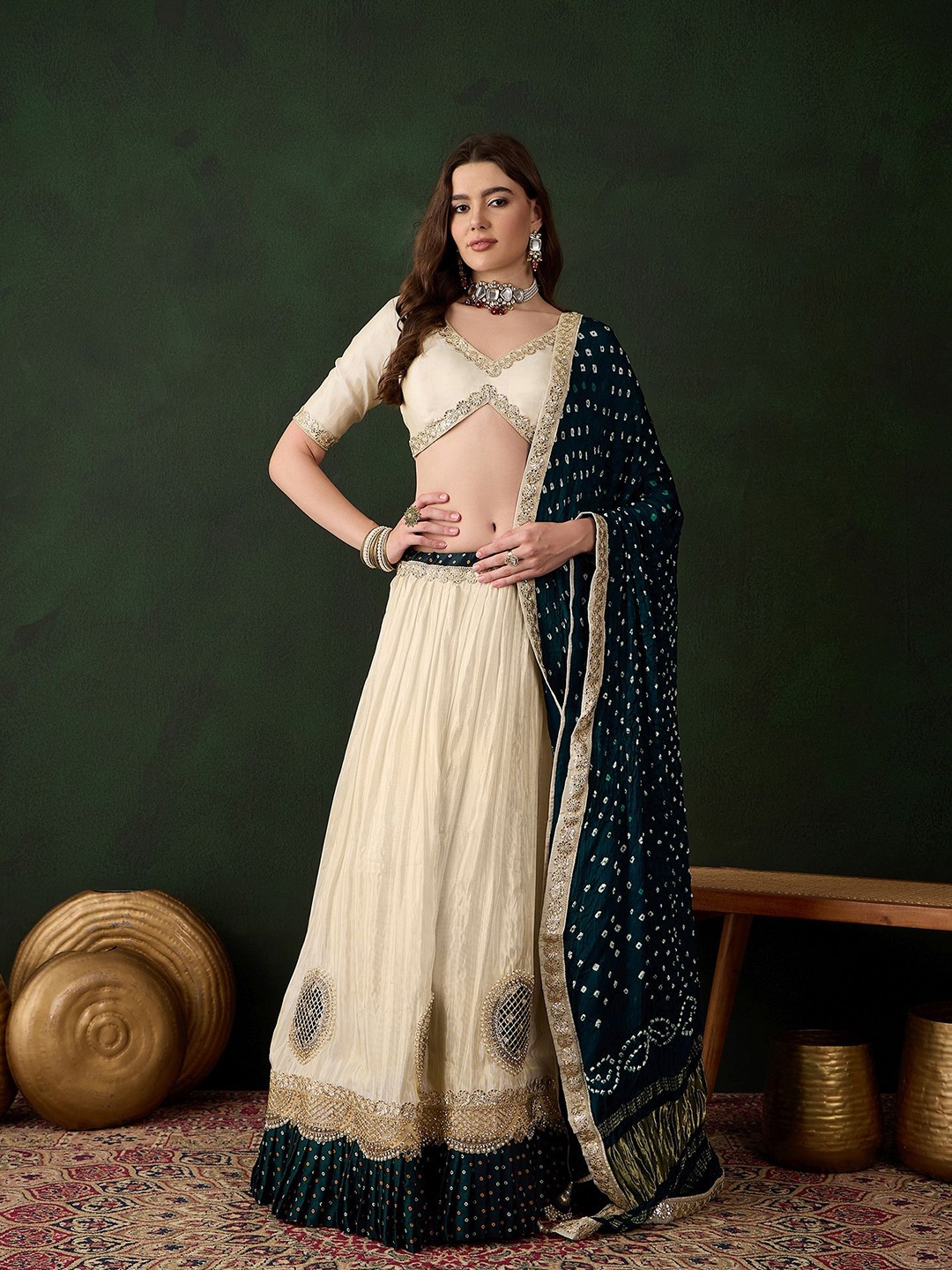 

SHRINGARINI Ready to Wear Lehenga & Unstitched Blouse With Dupatta, Off white