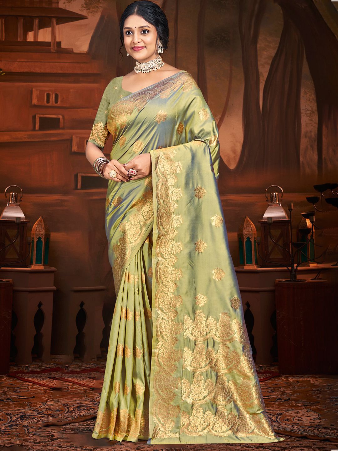 

SANGAM PRINTS Woven Design Zari Silk Blend Tussar Saree, Green