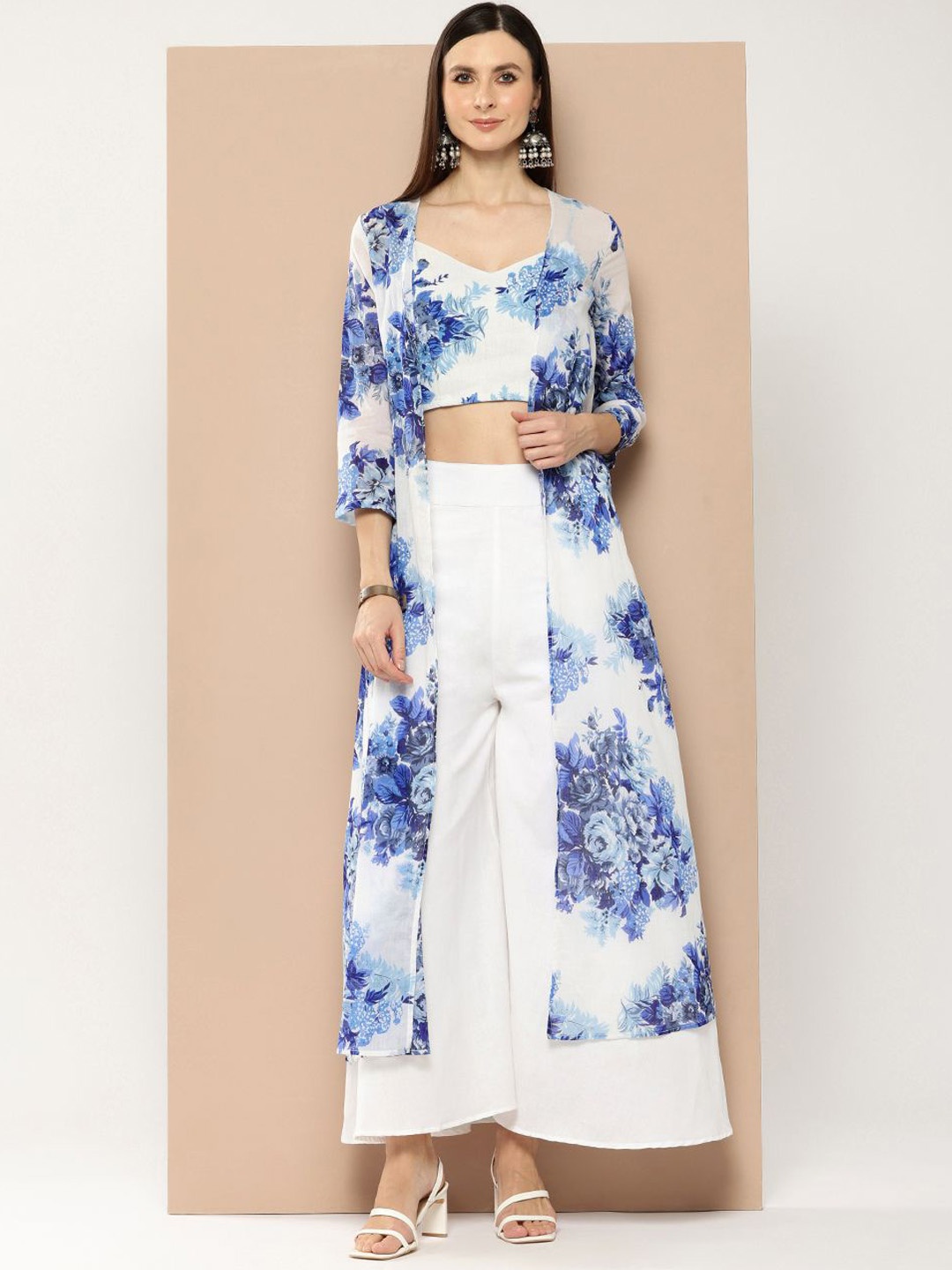

WESTCLO Women Printed Top & Palazzo With Shrug Co-Ords, Blue