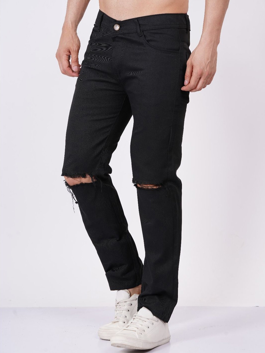 

LINARIA Men Classic Tapered Fit Slash Knee Mid-Rise Cotton Jeans, Black
