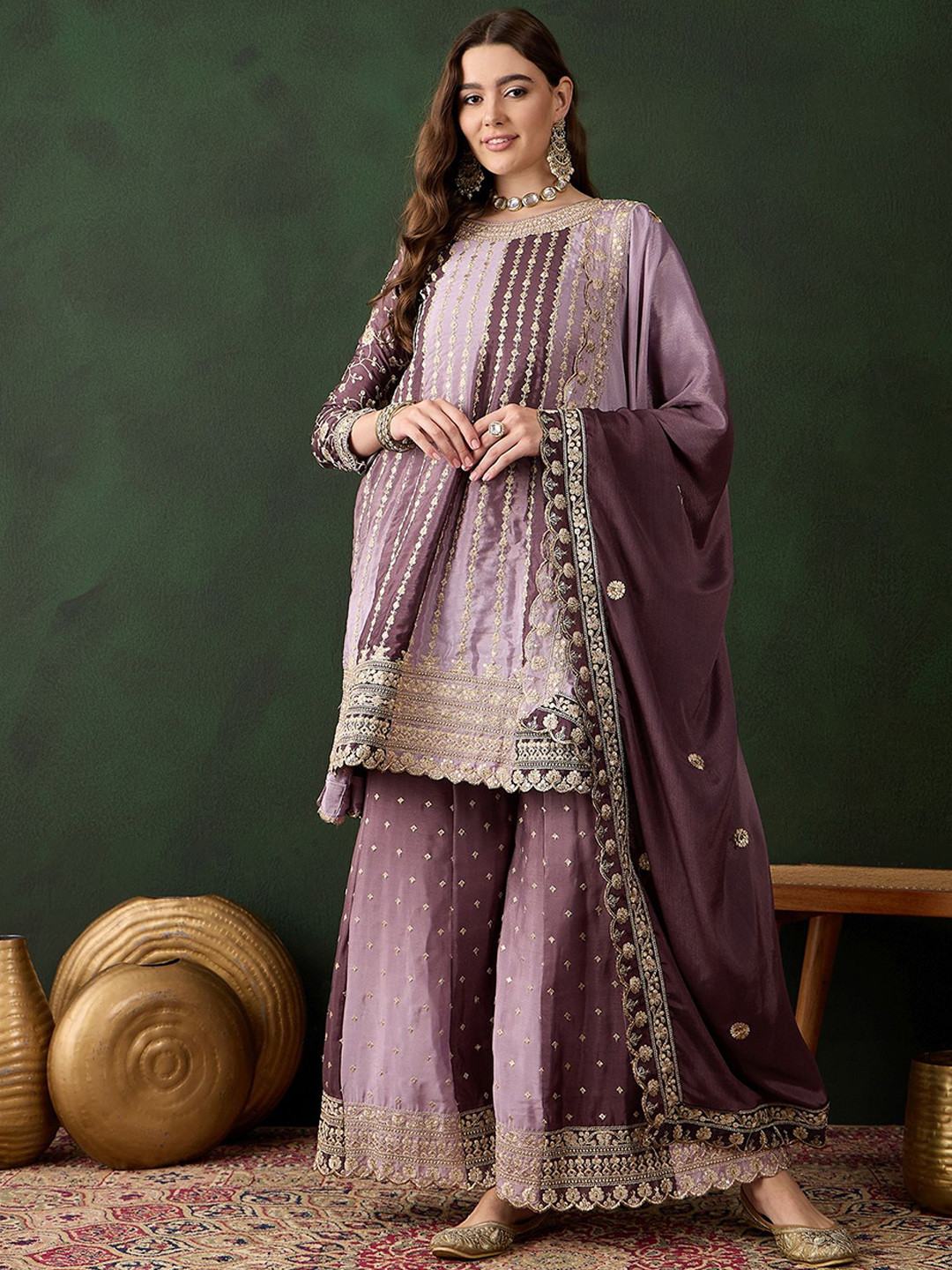 

Miss Ethnik Women Floral Embroidered Regular Sequinned Kurti with Sharara & Dupatta, Purple