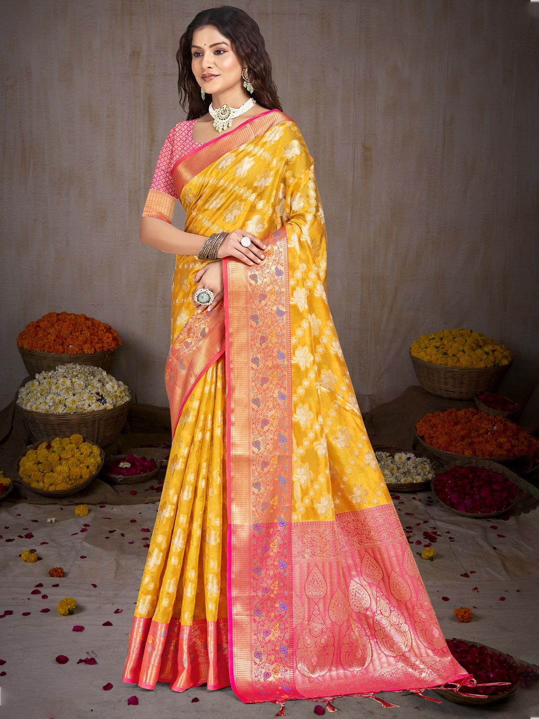 

SANGAM PRINTS Woven Design Zari Tussar Saree, Yellow