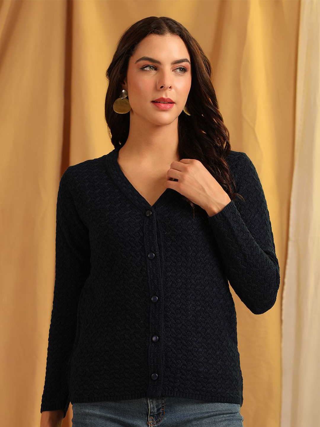 

Cayman Women Cable Knit Woollen Cardigan, Navy blue