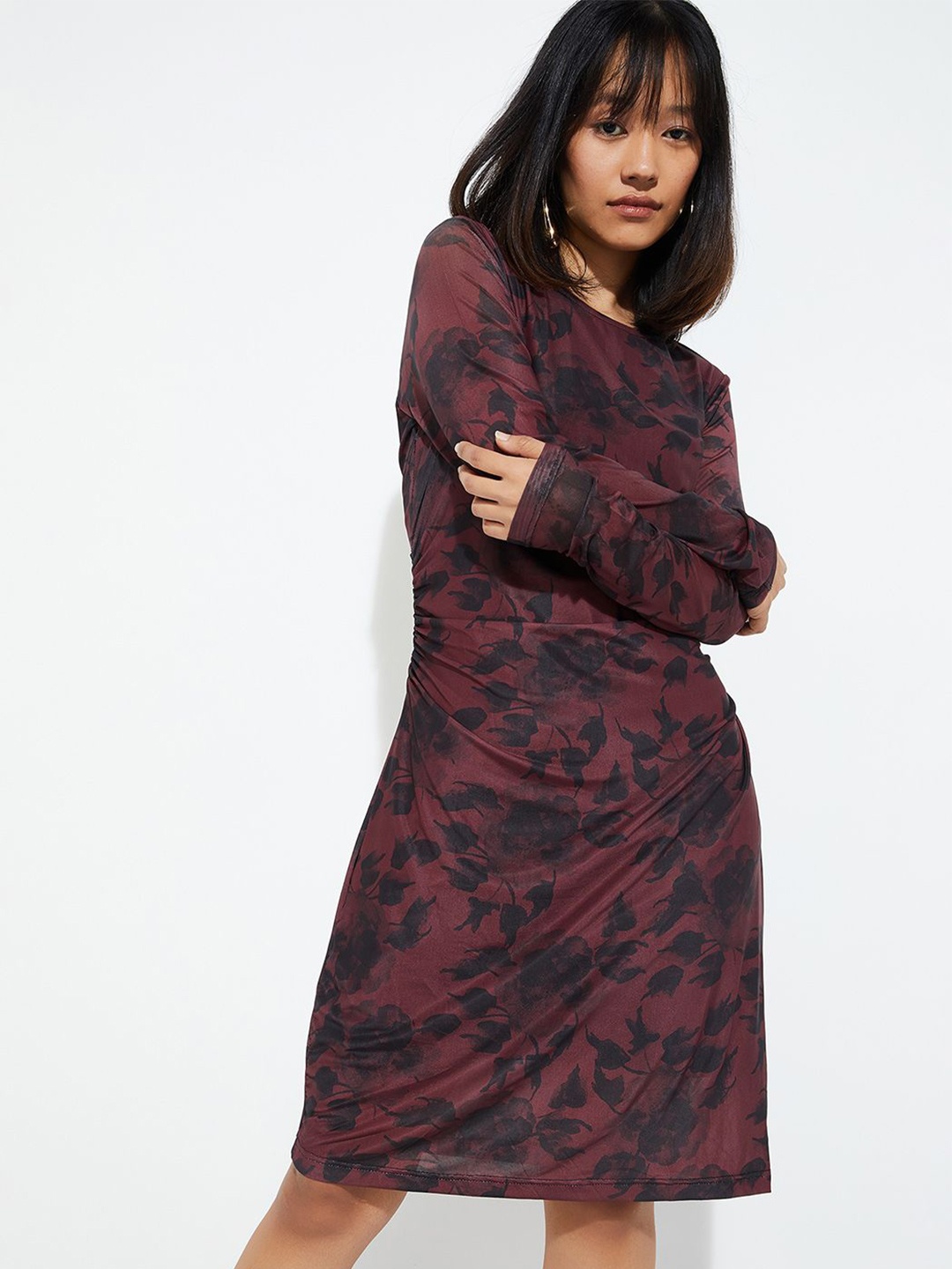 

max URB_N Women Printed Ruched Mesh Dress, Red