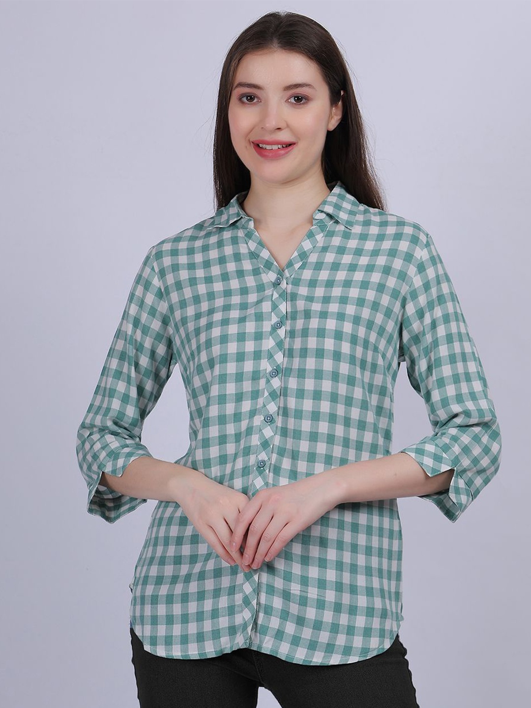 

Aumbe Women Comfort Spread Collar Gingham Checked Cotton Casual Shirt, Green
