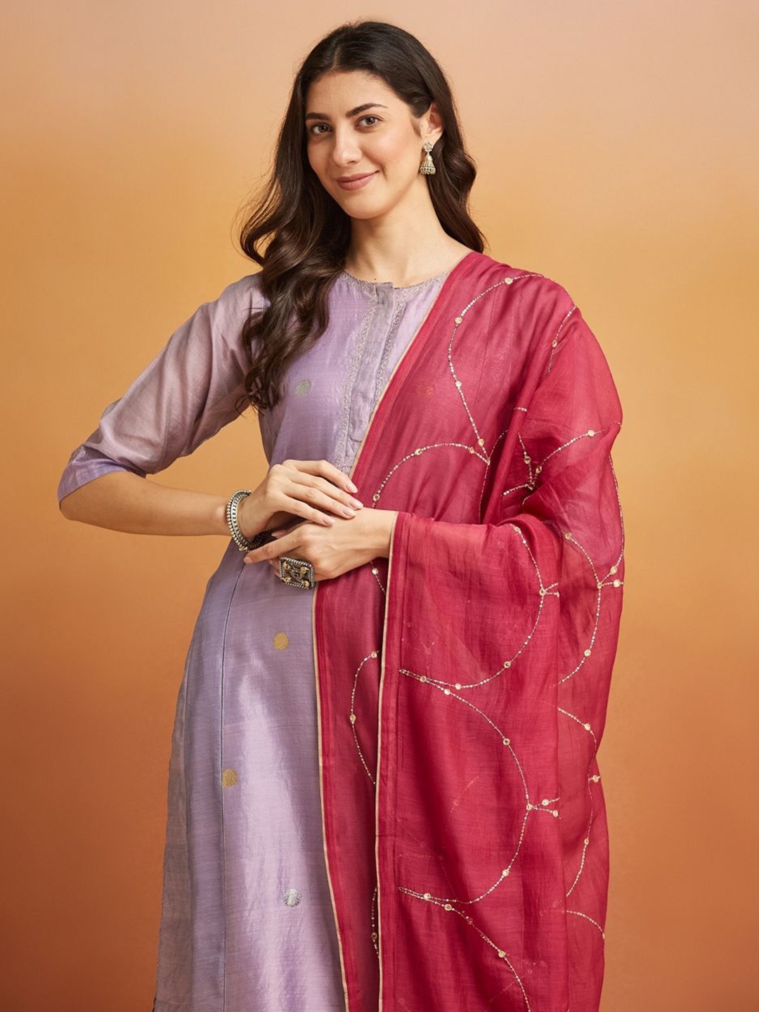 

Fabindia Ethnic Motifs Embroidered Cotton Silk Dupatta with Sequinned, Maroon