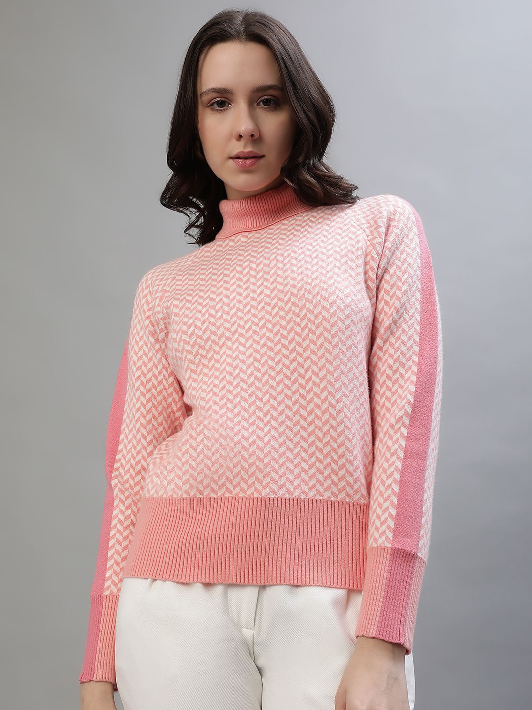 

Iconic Women Printed Turtle Neck Pullover, Pink