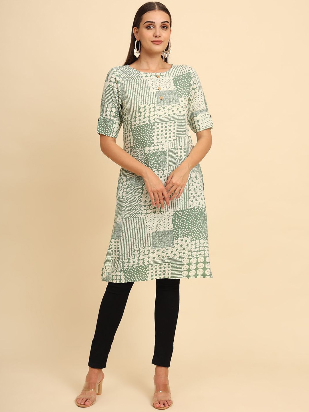 

Anouk Rustic Women Geometric Printed Kurta, Green