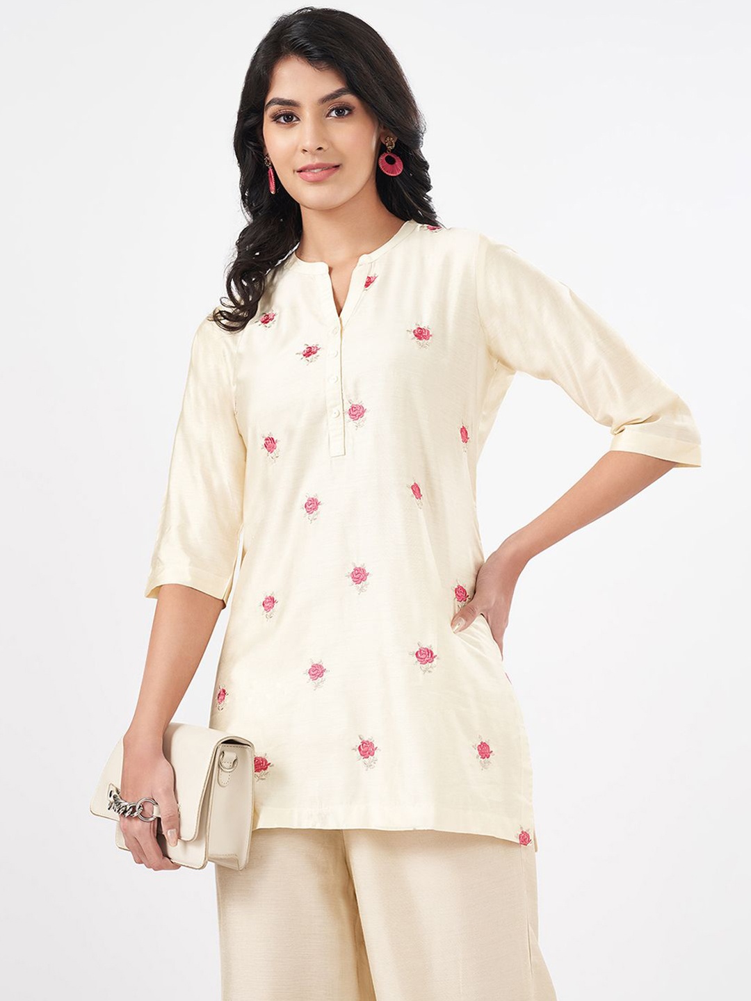 

RANGMANCH BY PANTALOONS Mandarin Collar Embroidered Tunic, Cream