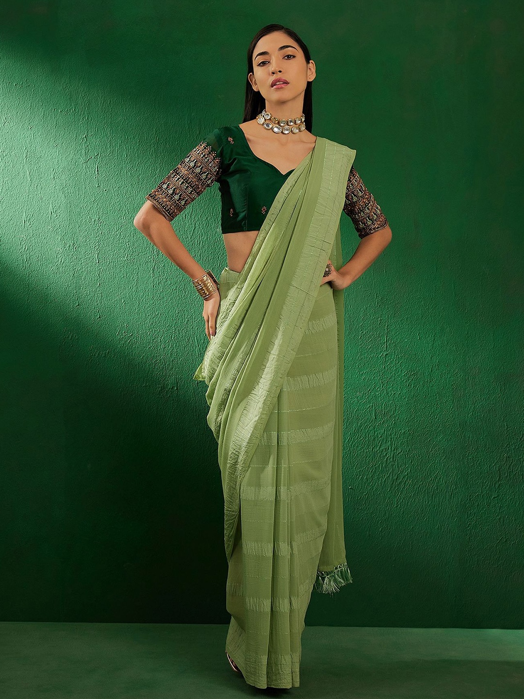 

Maroosh Striped Banarasi Saree, Green