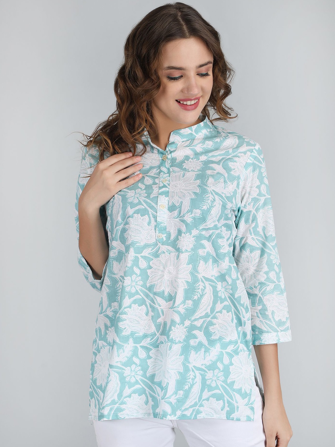 

PIDAVLIYA'S Women Floral Printed Mandarin Collar Cotton Top, Turquoise blue