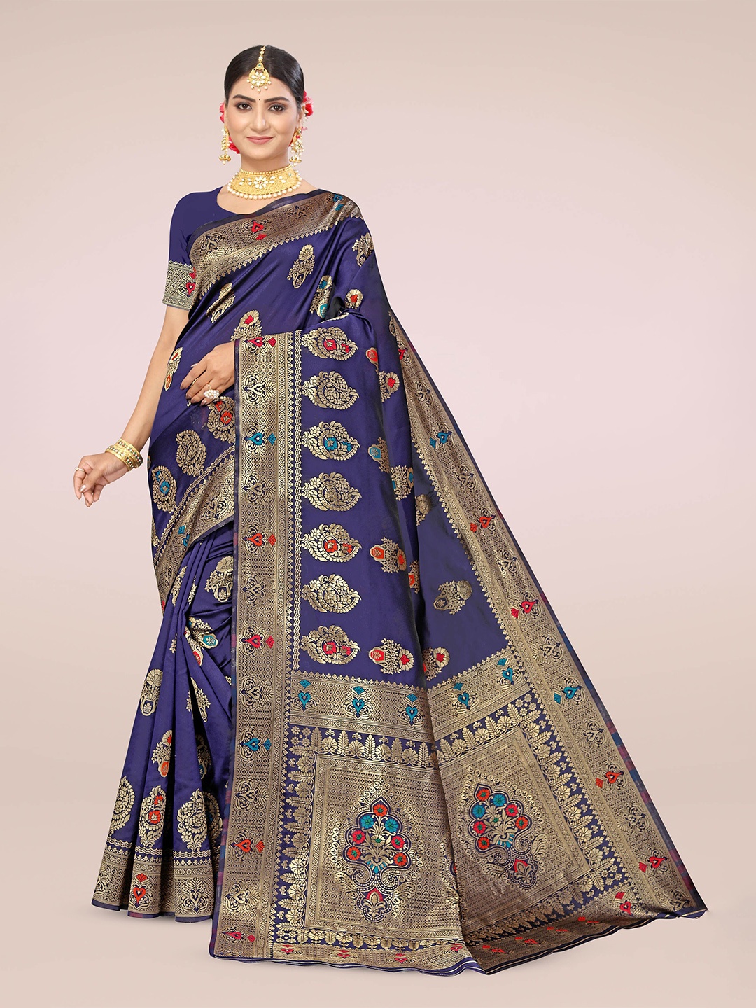 

Maroosh Woven Design Zari Silk Banarasi Saree, Navy blue