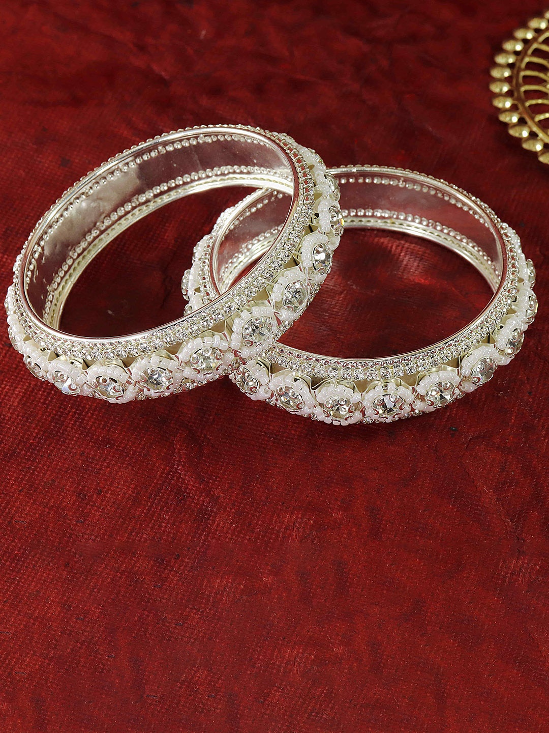 

ZULKA Set Of 2 Silver-Plated CZ & AD Stone Studded Pearls Beaded Bangles