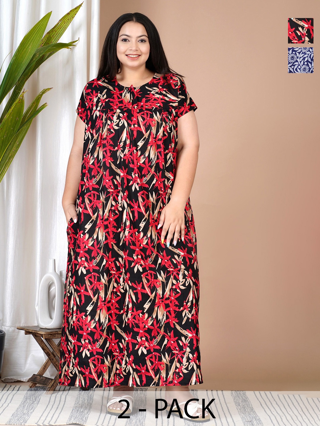 

SP DESIGNS Plus Size Floral Printed Pure Cotton Maxi Nightdress, Blue