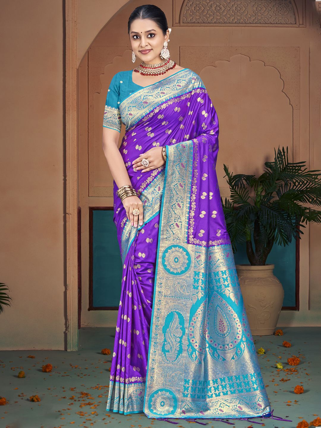 

SANGAM PRINTS Woven Design Zari Tussar Saree, Purple