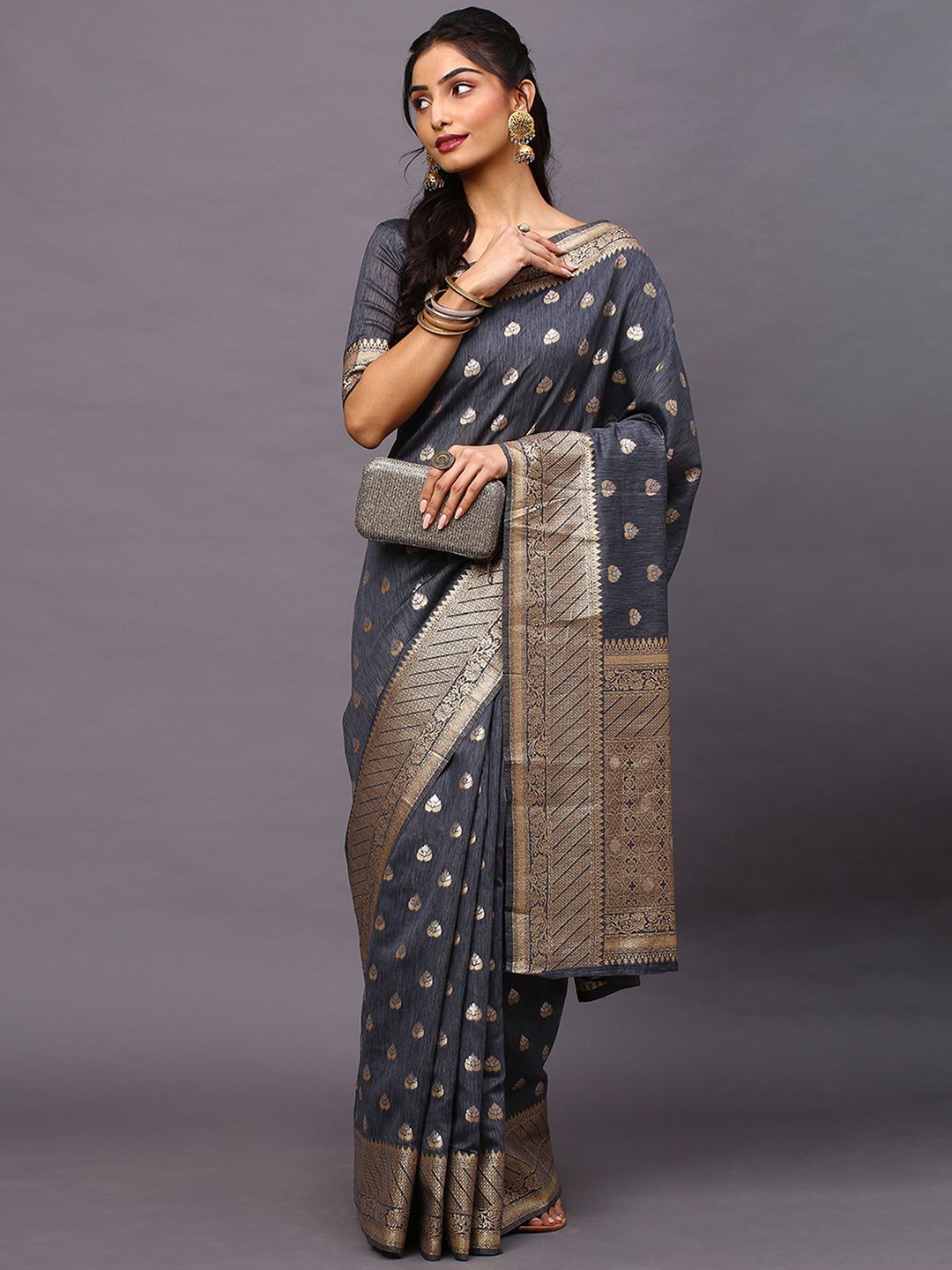 

KALINI Ethnic Motifs Woven Design Zari Banarasi Saree, Grey